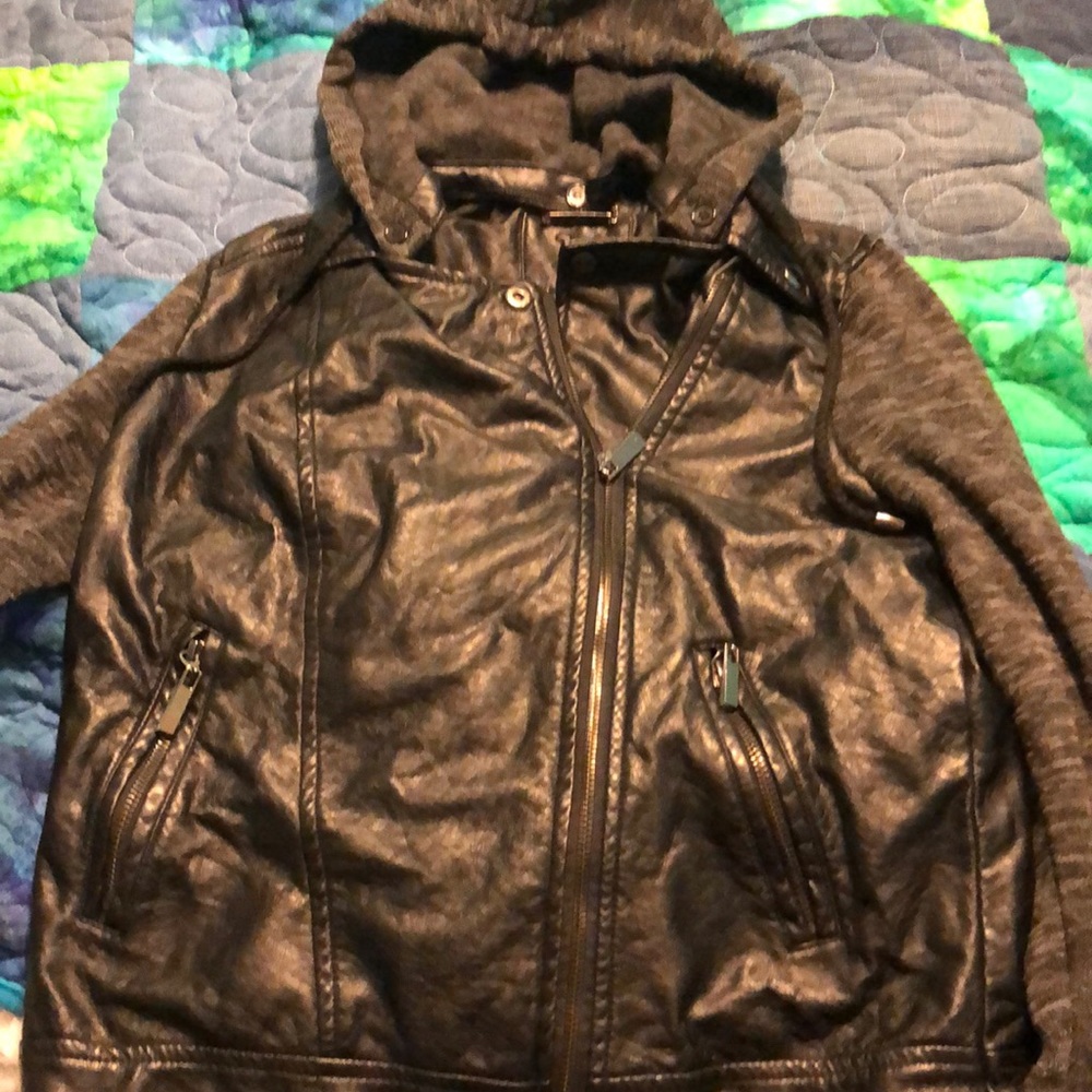 Black leather hoodie jacket